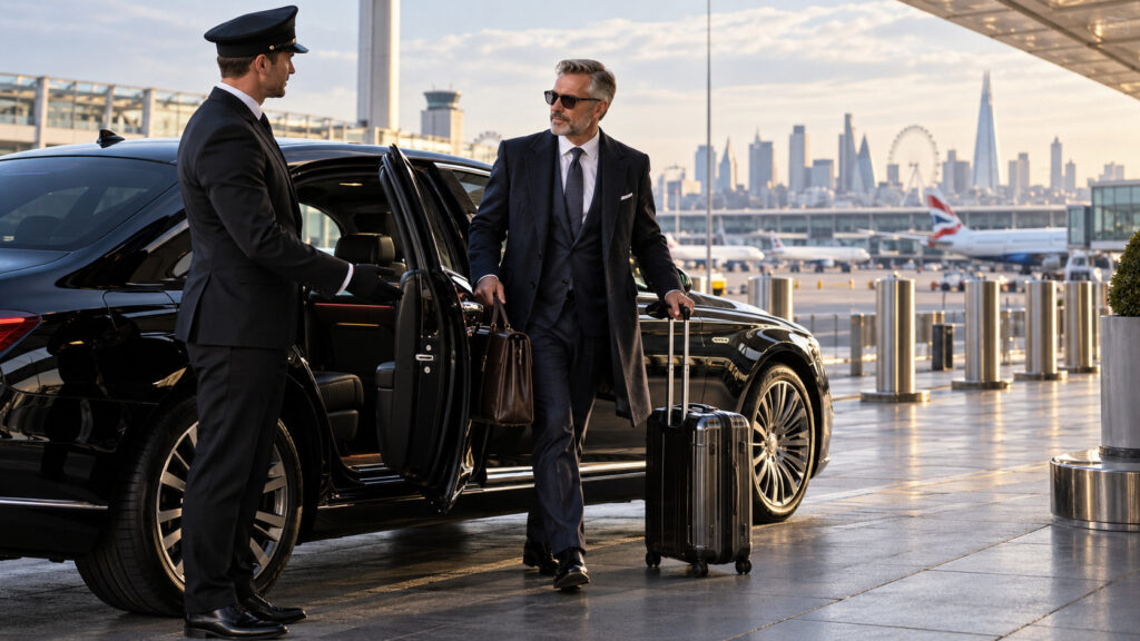 Executive chauffeur assisting a business traveller with luggage during a luxury airport transfer in London